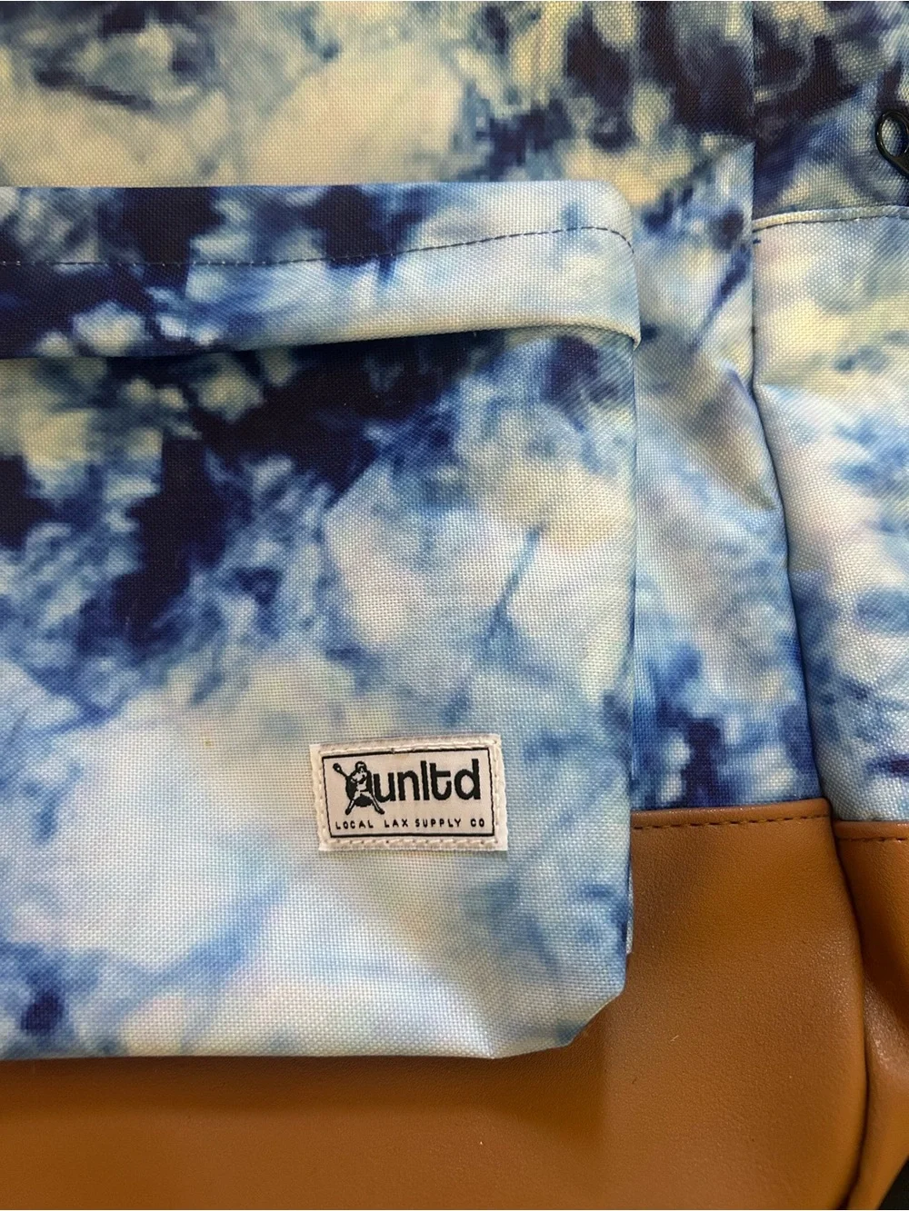 Unltd Blue Tie-Dye Canvas Backpack with Tan Faux-Leather Base Lacrosse